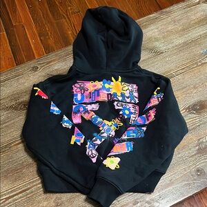 Off-white cropped style hoodie with Colorful Sleeve Graphics